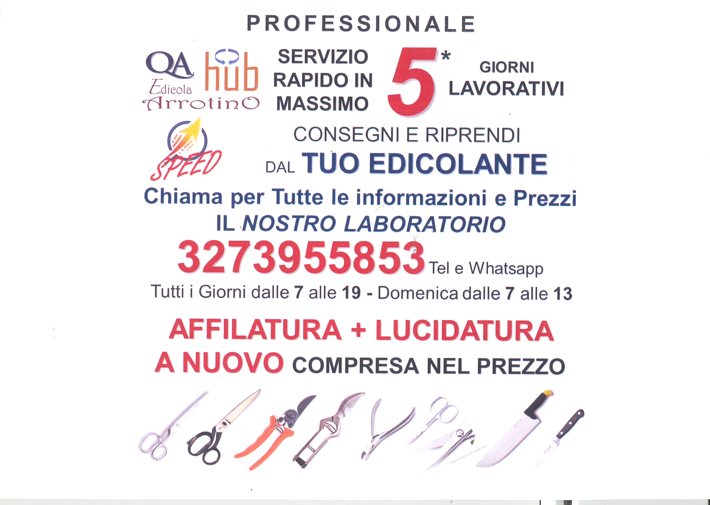 Volantino dell'arrotino professionale in edicola: affilatura e lucidatura di forbici e coltelli