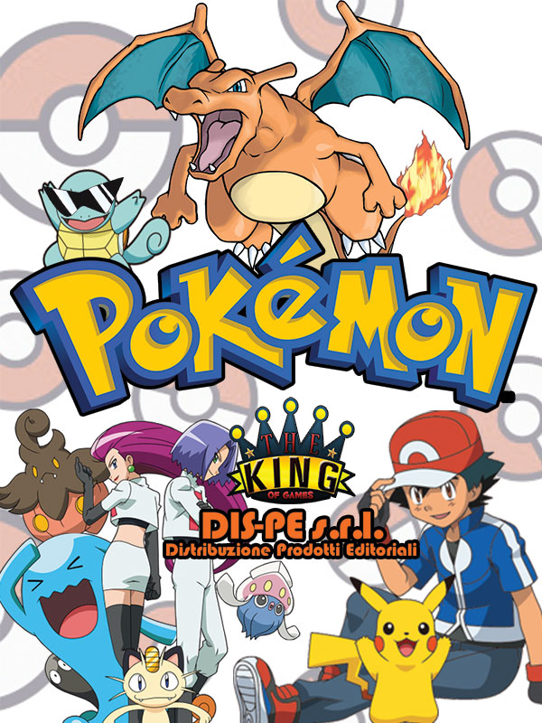 Personaggi Pokémon con Charizard e Pikachu attorno al logo e al marchio DIS-PE